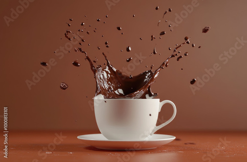 A 3D animated splash of milk and chocolate in the air, creating an artistic coffee cup design