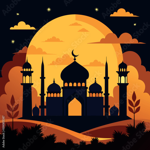 A beautiful Taj Mahal vector silhouette at sunset, a stunning illustration of a magnificent Indian mosque and monument
