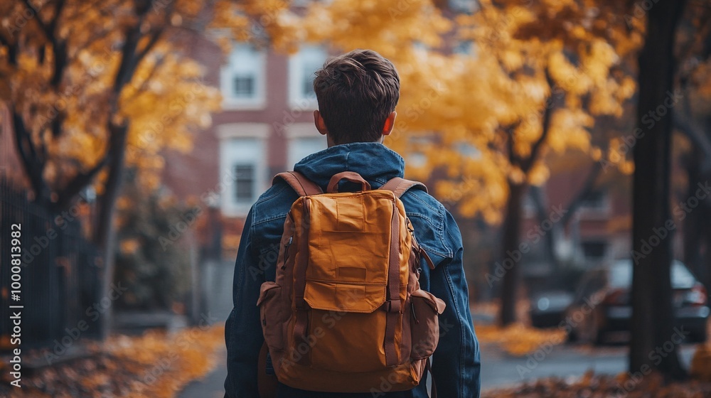 Cheerful Boy with Colorful Backpack Walking Through Autumn Leaves to School - Medium Shot Cheerful Boy with Colorful Backpack Walking Through Autumn Leaves to School - Medium Shot