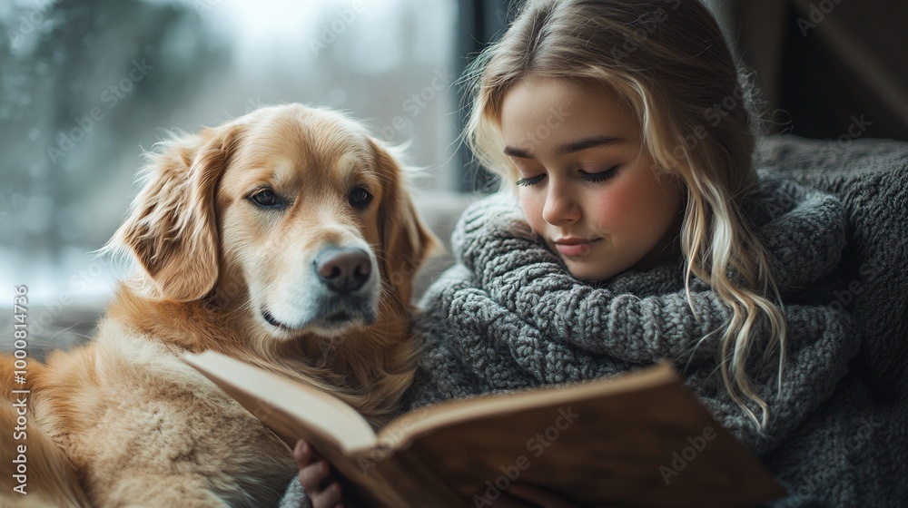 Cozy Reading Time: Child reading aloud to pet dog in warm living room ambiance, medium shot