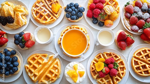 Family enjoying a special holiday breakfast together with waffles pastries and fresh fruit on a decorated table Large space for text in center Stock Photo with copy space