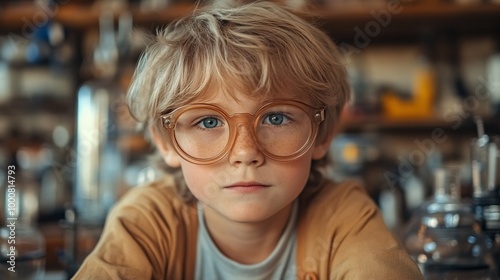 Young Boy Playing Scientist at Home with Oversized Glasses - Close-up Playful Scene of Child in Lab Pretend Play