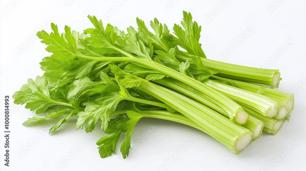 Fresh Green Celery Stalks on White Background