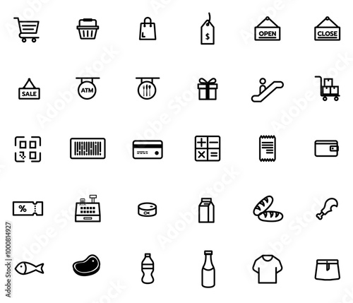 Supermarket outline icons set