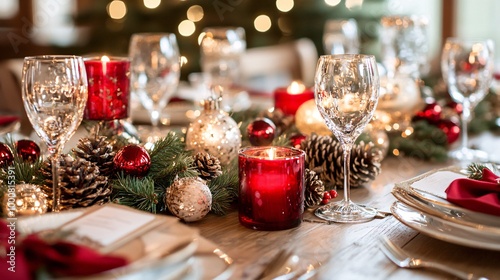 Close-up of a festive dining table centerpiece with red candles pinecones and twinkling fairy lights Large space for text in center Stock Photo with copy space photo