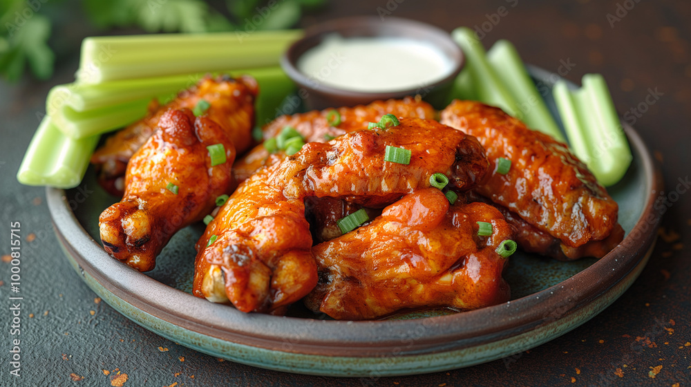 A plate of spicy buffalo wings, coated in a bright orange sauce, served with celery sticks and ranch dressing, A plate of spicy buffalo wings, coated in a bright orange sauce, served with celery sticks and ranch dressing,