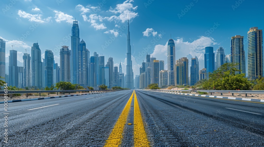 A clear view down a smooth highway leading towards a modern city skyline under bright blue skies, capturing the essence of urban progress and connectivity. A clear view down a smooth highway leading towards a modern city skyline under bright blue skies, capturing the essence of urban progress and connectivity.