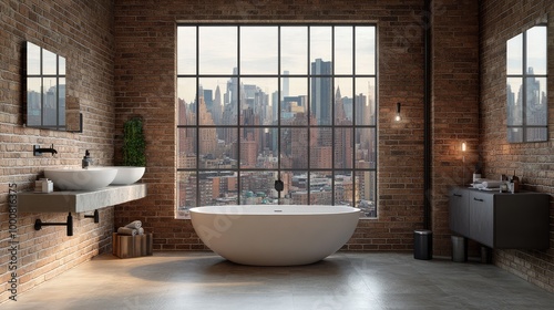 A sleek urban loft bathroom, with exposed brick walls, industrial fixtures, and large windows framing views of the city skyline
