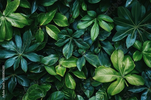 Lush green foliage background texture of tropical leaves with a dark background.