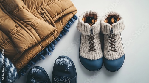 Collection of womenas winter clothing: padded jacket, woolen gloves, and snow boots on a neutral surface. No people, no logo. photo