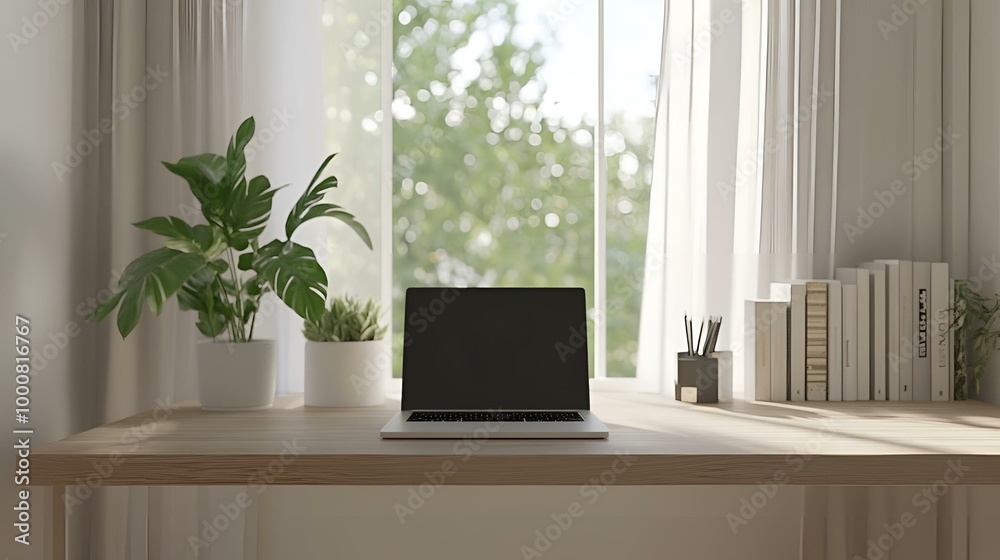 Sunlit Home Office with Laptop on Wooden Desk - A Modern Remote Work Space Setup. Sunlit Home Office with Laptop on Wooden Desk - A Modern Remote Work Space Setup.