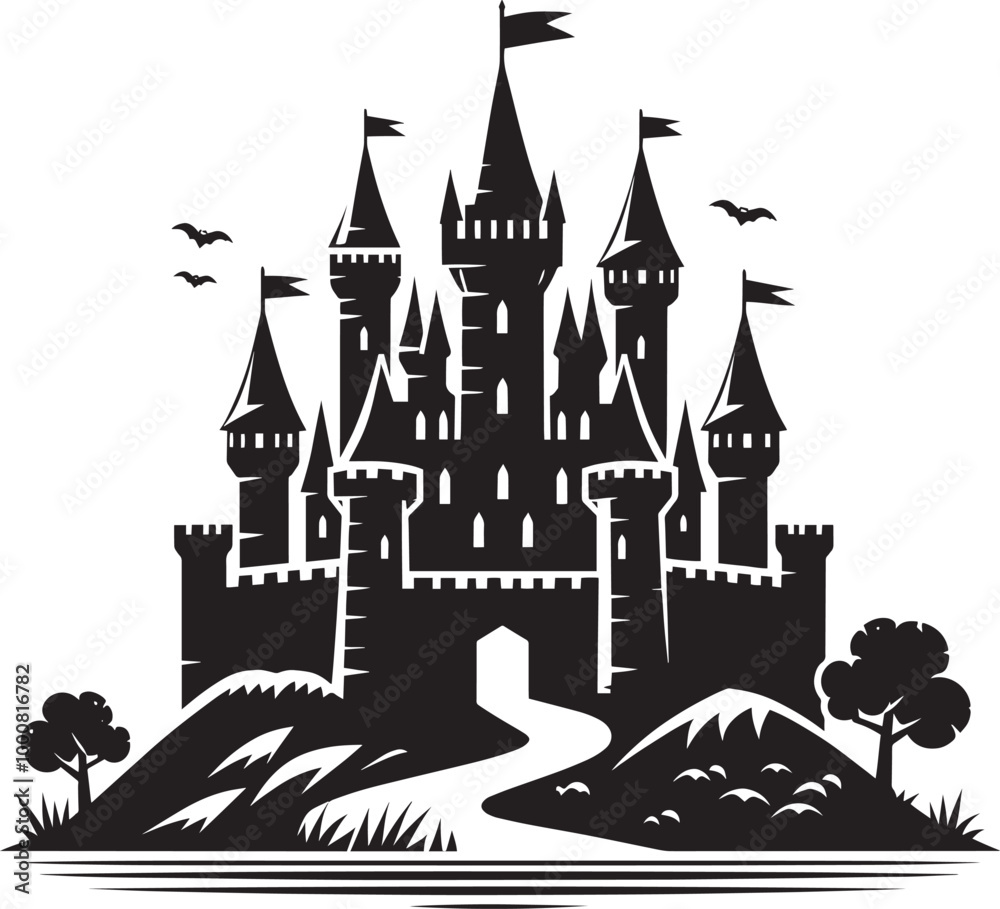 Obraz premium Ancient Castle silhouette vector illustration isolated on a white background