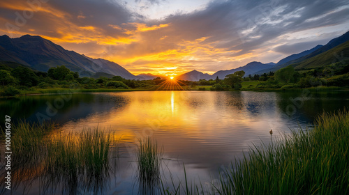 Sunset Serenity Over Calm Mountain Waters