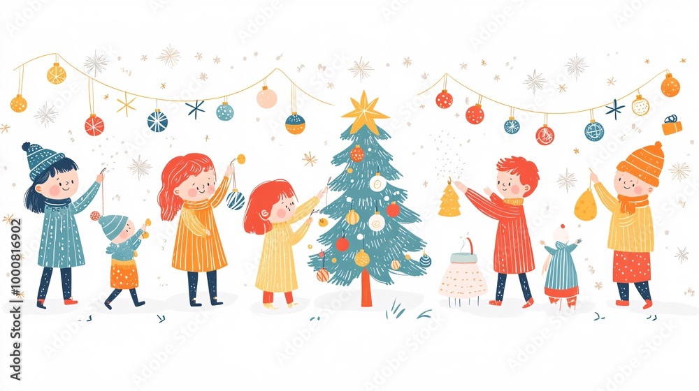 Children hanging handmade ornaments on a small tree in their bedroom while the parents watch with smiles Detailed illustration in soft pastel colors showing warmth and joy of the festive season Large Children hanging handmade ornaments on a small tree in their bedroom while the parents watch with smiles Detailed illustration in soft pastel colors showing warmth and joy of the festive season Large