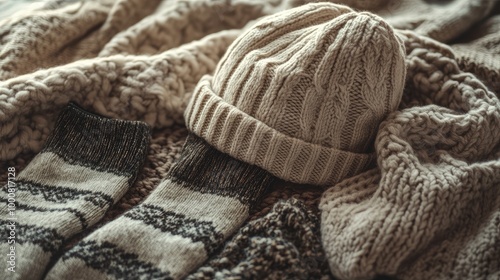 Collection of womenas winter essentials: cable-knit cardigan, wool hat, and thermal socks on a cozy blanket. No people, no logo. photo