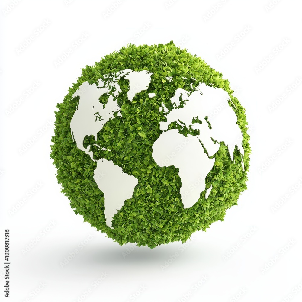 Eco-friendly earth globe made of green leaves on white background.