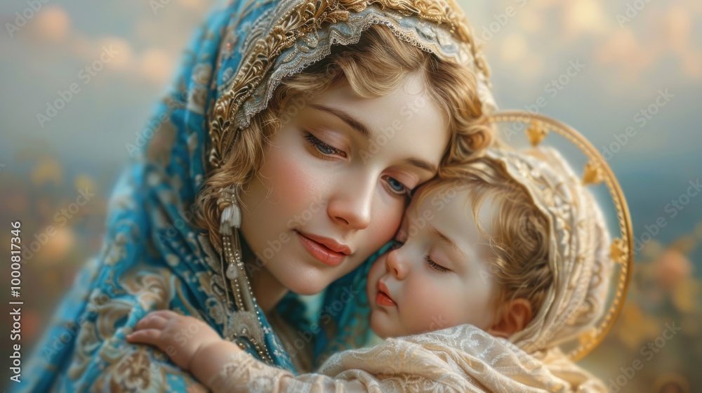 Obraz premium A serene moment between a mother and child in a soft-lit, floral garden during a tranquil afternoon. Generative AI