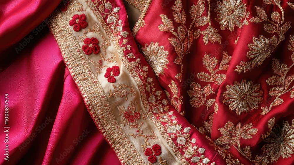 Flat lay of a women's festive Indian salwar suit with detailed embroidery, neatly arranged on a luxurious silk fabric background. Flat lay of a women's festive Indian salwar suit with detailed embroidery, neatly arranged on a luxurious silk fabric background.