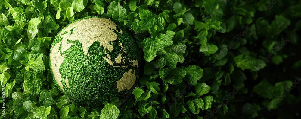 Globe covered in green leaves, symbolizing environmental awareness and nature. Globe covered in green leaves, symbolizing environmental awareness and nature.