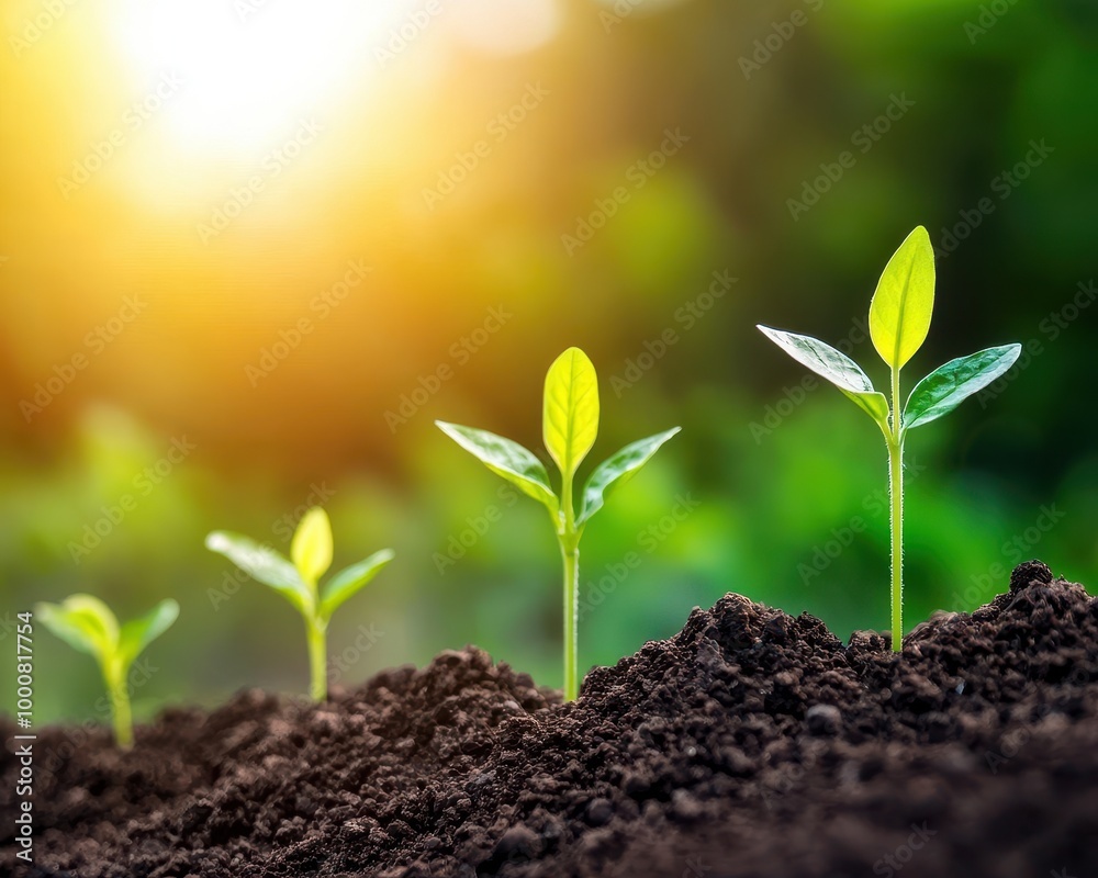 Green seedlings sprouting from rich soil under golden sunlight. Green seedlings sprouting from rich soil under golden sunlight.