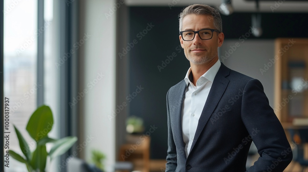 Portrait of a confident businessman wearing a suit and glasses, standing in a modern office and looking at the camera with copy space on the right side Portrait of a confident businessman wearing a suit and glasses, standing in a modern office and looking at the camera with copy space on the right side