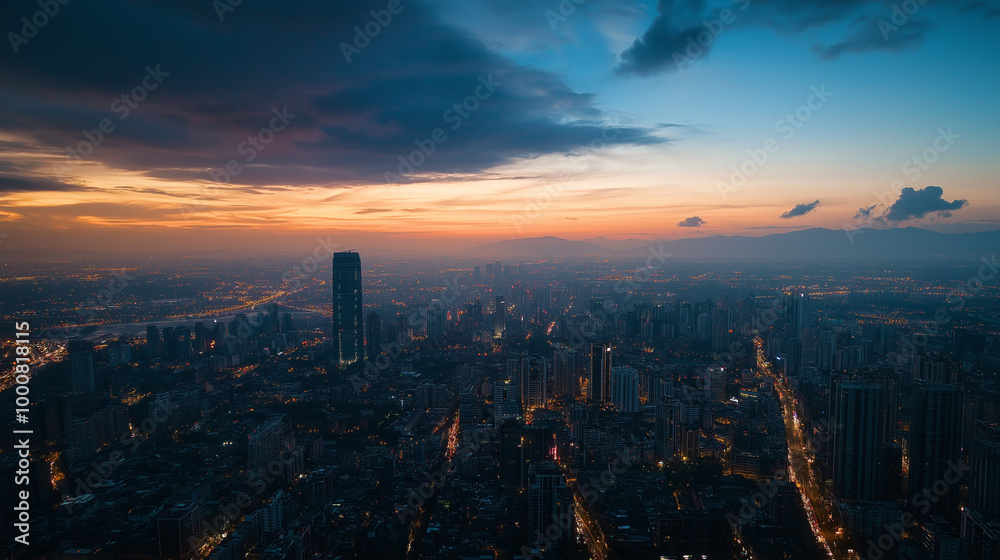 Obraz premium Aerial View of a City Skyline at Sunset with Illuminated Streets