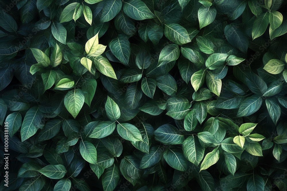 Lush green leaves with visible veins create a textured background. Lush green leaves with visible veins create a textured background.