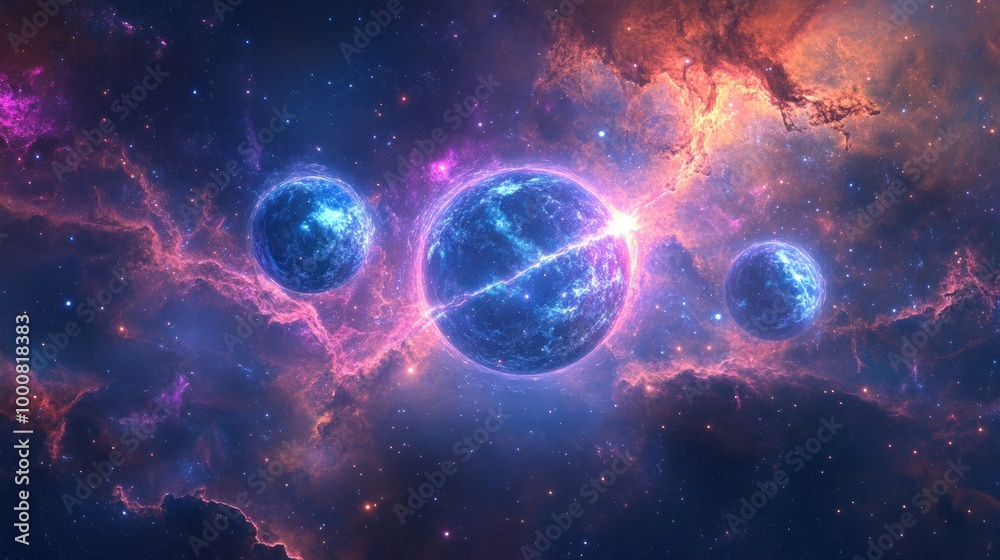 A vibrant cosmic scene featuring three glowing planets amidst a colorful nebula. A vibrant cosmic scene featuring three glowing planets amidst a colorful nebula.