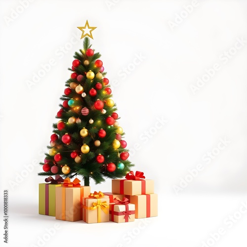 3D Christmas tree with gift boxes on white background