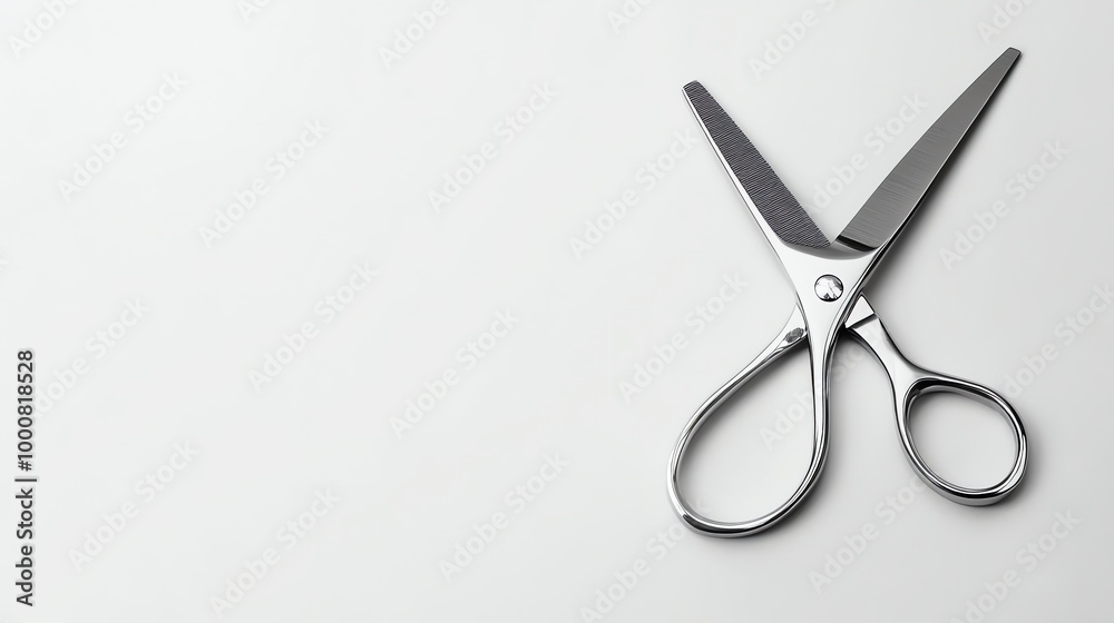 A pair of silver scissors on a white surface. A pair of silver scissors on a white surface.