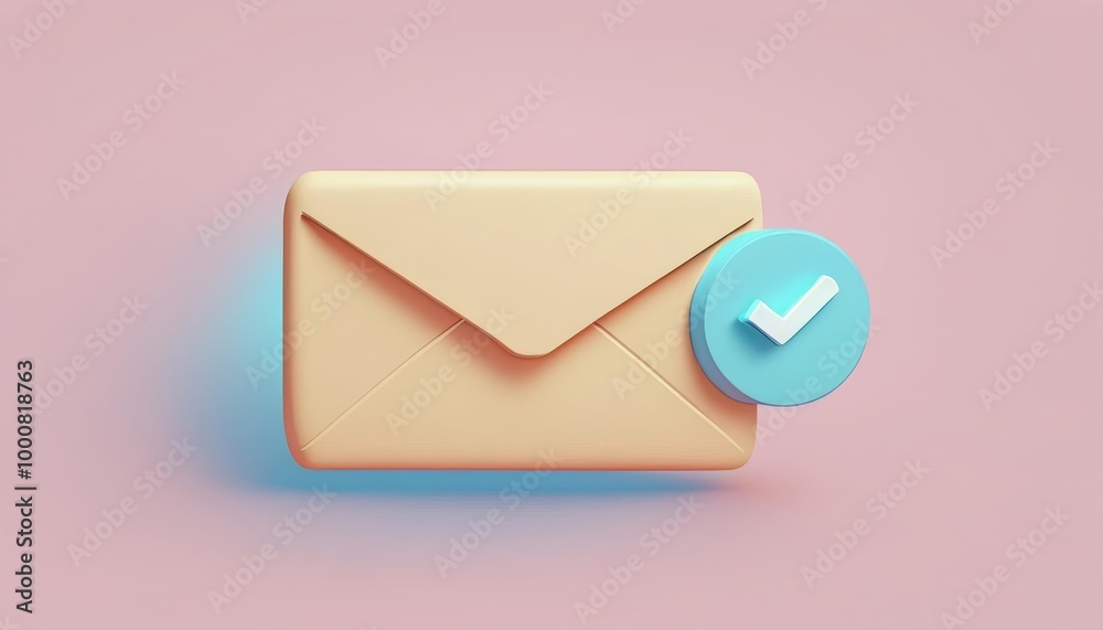 Stylish envelope with a checkmark on a pastel pink background, symbolizing message confirmation. Stylish envelope with a checkmark on a pastel pink background, symbolizing message confirmation.
