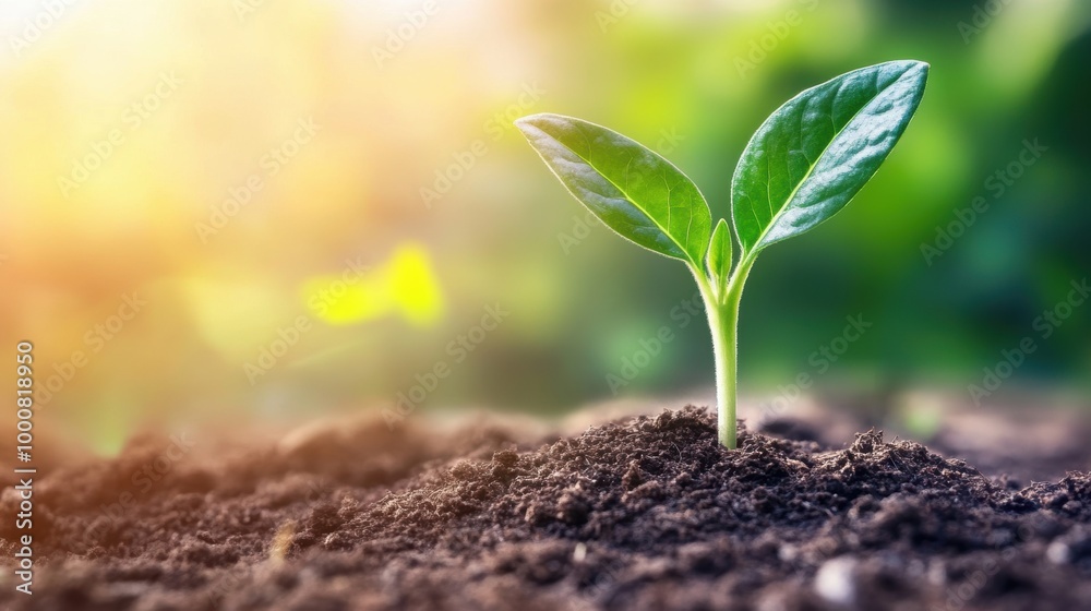 Young plant sprouting fertile soil with sunlight Young plant sprouting fertile soil with sunlight
