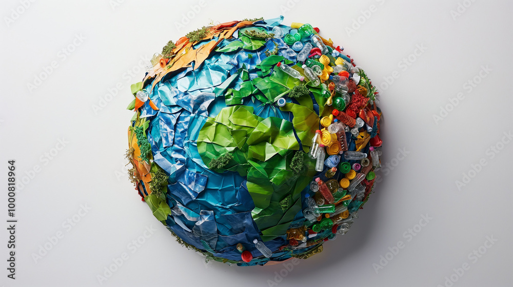 A top-down view of the Earth made of plastic waste, with greenery and water on one side, and colorful garbage items. A top-down view of the Earth made of plastic waste, with greenery and water on one side, and colorful garbage items.
