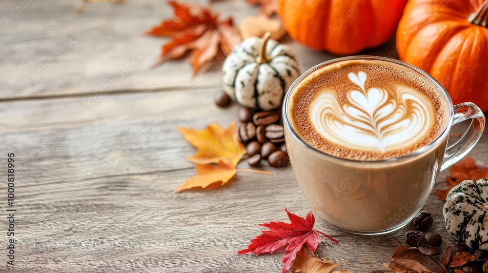 Coffee latte art with pumpkins and autumn leaves on wooden table.