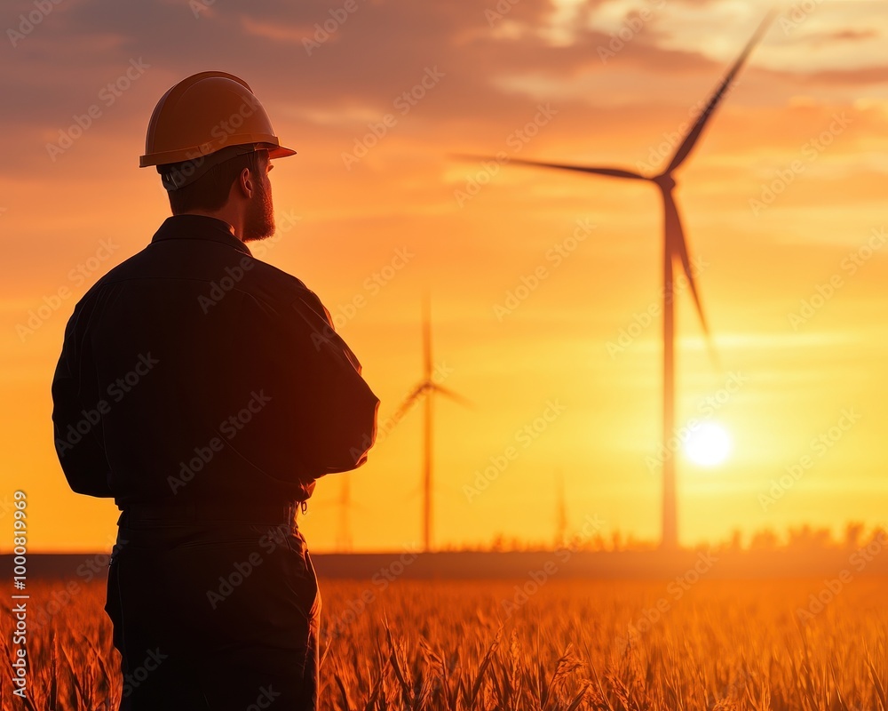 Worker observing wind turbines at sunset, golden hour, eco-friendly energy source. Worker observing wind turbines at sunset, golden hour, eco-friendly energy source.
