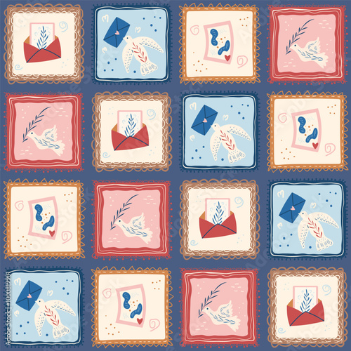 Carrier pigeon patchwork seamless pattern. Birds with lettres quilted endless background. Surface pattern homing pigeons design motif. Vector hand drawn flat illustration.