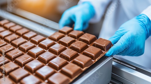 Chocolate Production Line Close up Worker s Hands in Blue Gloves Inspecting Chocolate Bars on Conveyor Belt photo