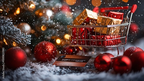 Shopping cart filled with gift boxes and a credit card placed beside a decorated Christmas tree Snowflakes gently falling in the background creating a festive holiday atmosphere Large space for text
