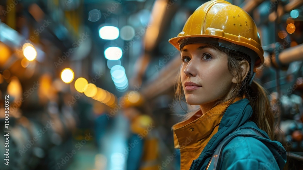 A focused young woman in a hard hat works diligently in an industrial facility with glowing machinery in the background. Generative AI