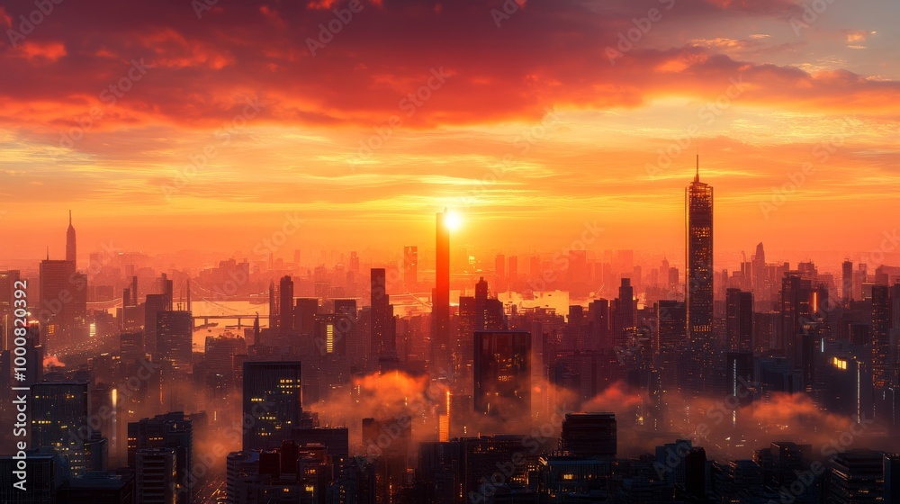 Fototapeta premium Cityscape Skyline Sunset with Fog and Clouds