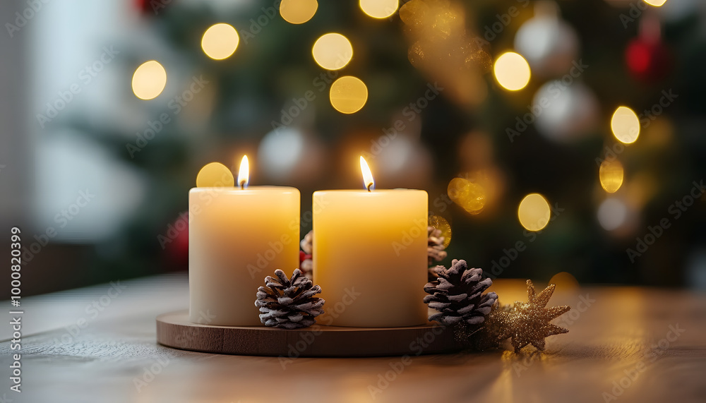 Christmas candles with christmas tree in the background Christmas candles with christmas tree in the background
