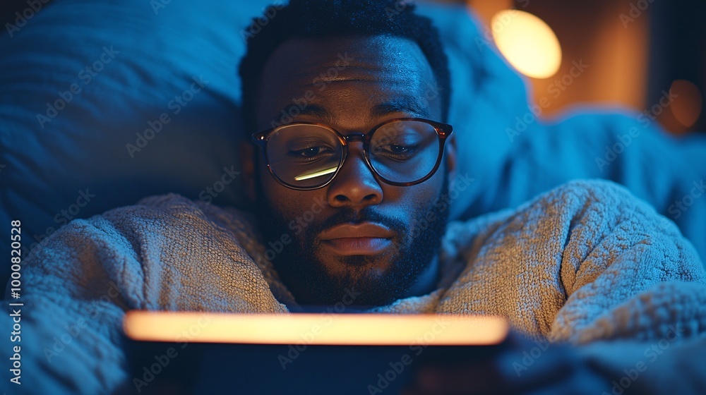 Serene Nighttime Inspiration: Adult Watching Documentary on Tablet in Bed Serene Nighttime Inspiration: Adult Watching Documentary on Tablet in Bed
