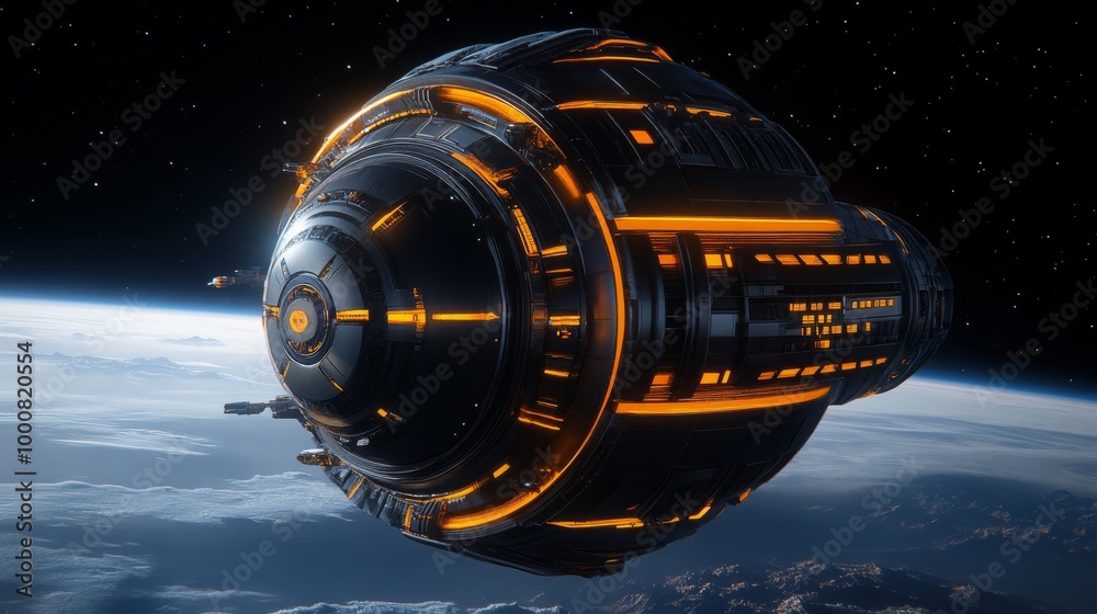 Futuristic Spaceship Orbiting Earth with Orange Lights Futuristic Spaceship Orbiting Earth with Orange Lights