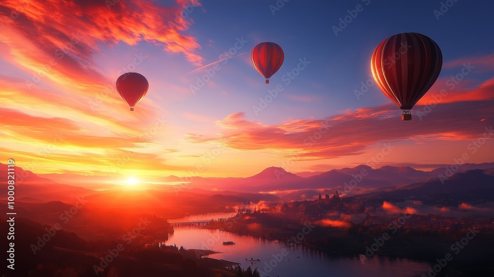 Obraz premium Hot Air Balloons Over Sunset Lake and Mountains