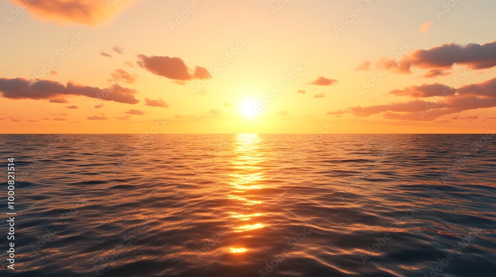 Obraz premium A serene sunset over the ocean, with vibrant orange hues reflecting on the water and soft clouds scattered across the sky.