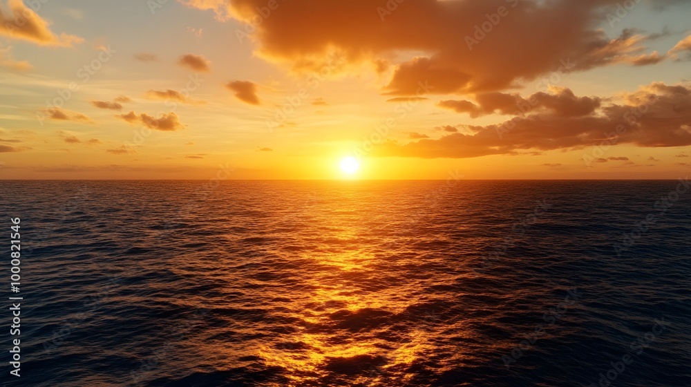 Fototapeta premium A serene sunset over the ocean, casting warm hues across the water, with fluffy clouds and a tranquil atmosphere.