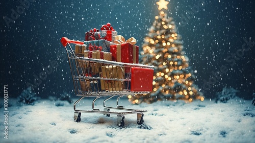 Festive 3d-rendered scene with a credit card shopping cart and Christmas gifts set against a snow-covered landscape Christmas tree and softly glowing lights create a warm holiday feel Large space for