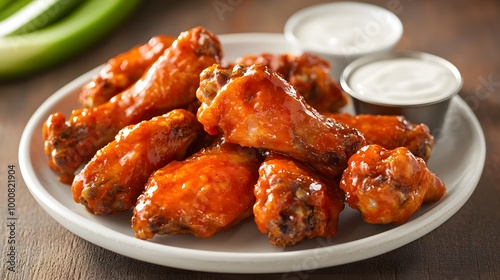 A plate of spicy, saucy chicken wings served with dipping sauces and celery sticks, perfect for game day or gatherings.