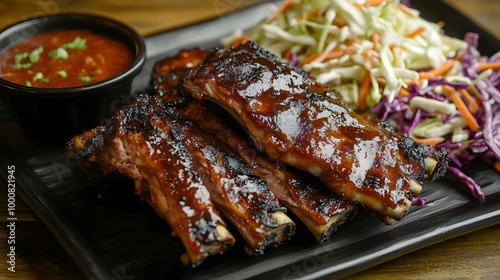 Juicy barbecue ribs served with coleslaw and dipping sauce, showcasing a delicious and hearty meal on a black plate.