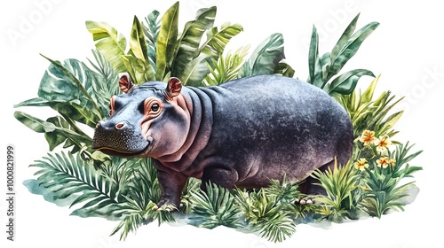 A colorful illustration of a hippopotamus standing among lush greenery, showcasing its unique features and habitat. photo